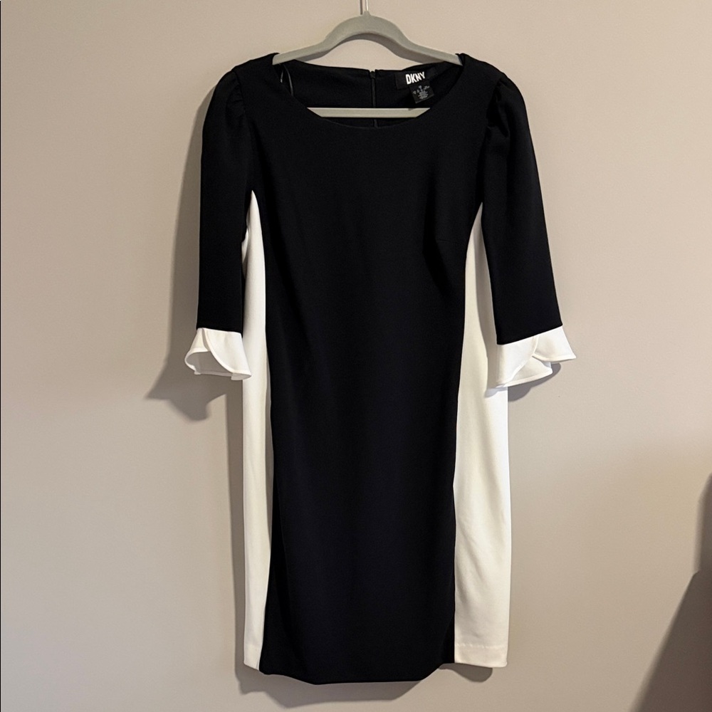 DKNY by Donna Karan Stretch Color Block Ruffle 3/4 Sleeve Sheath Dress